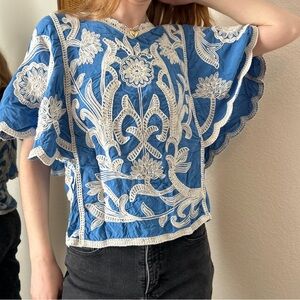 Kindred Women’s Blouse Size Small Blue Embroidered Boho Peasant Flowy